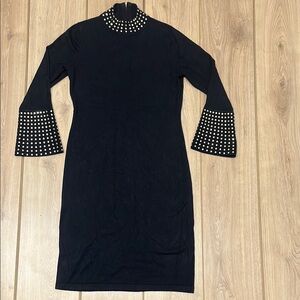 Black and White Embellished Sheath Dress with Bell Sleeves